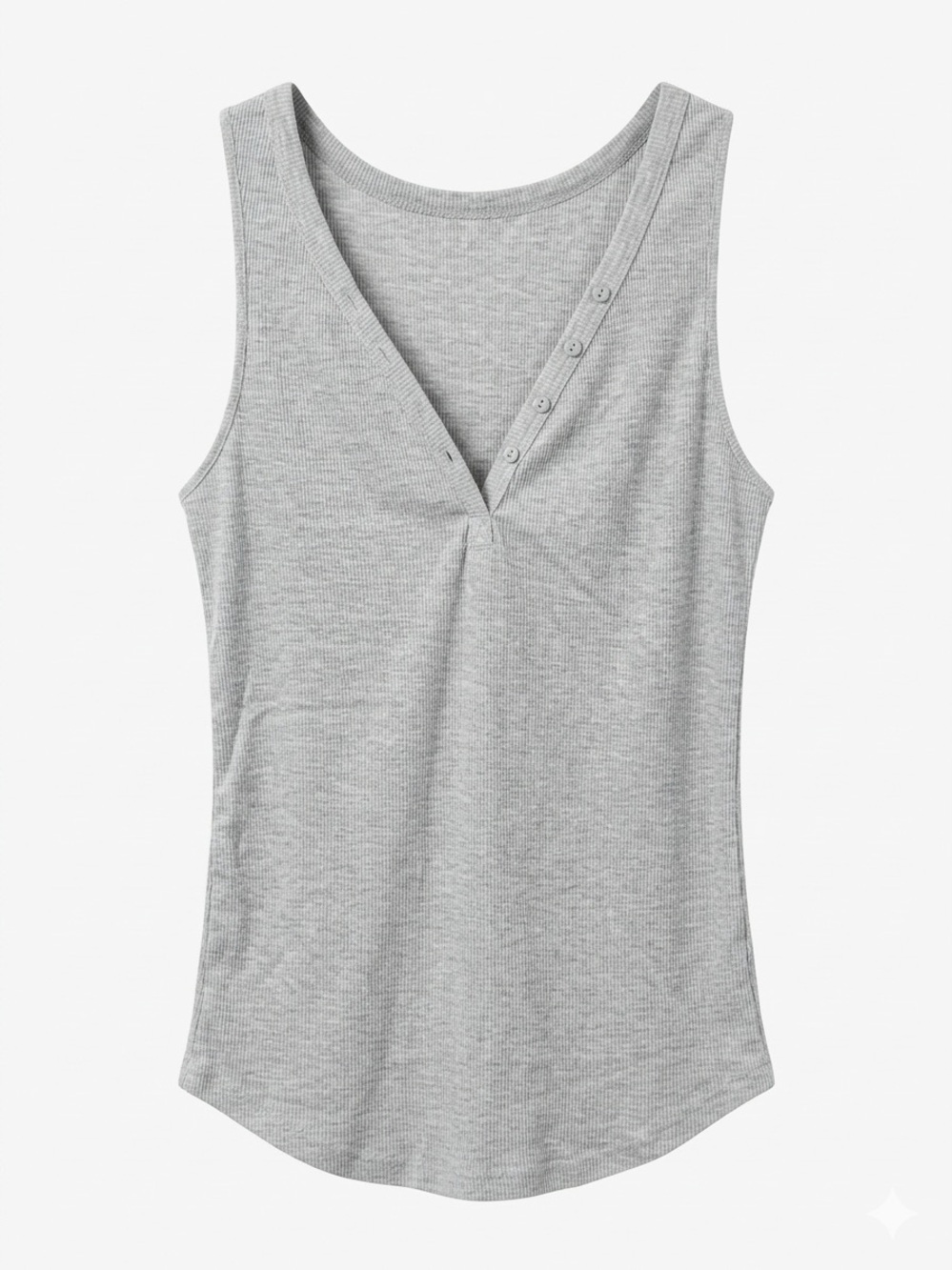 Classic Grey Ribbed V-Neck Tank with Button Detail